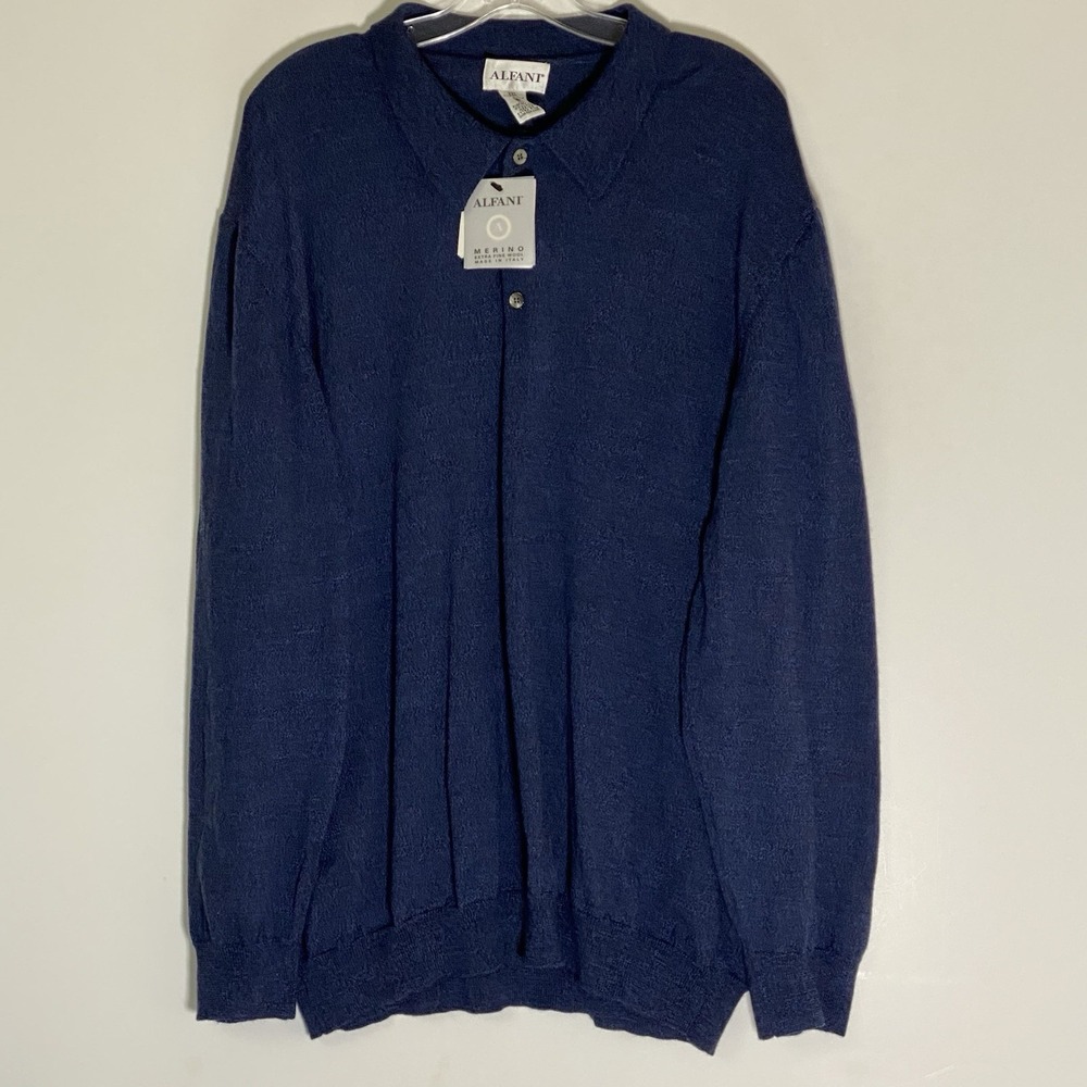 Alfani Sweater Mens 2XL Blue 100%‎ Pure New Wool Polo Style Soft Cozy Classic